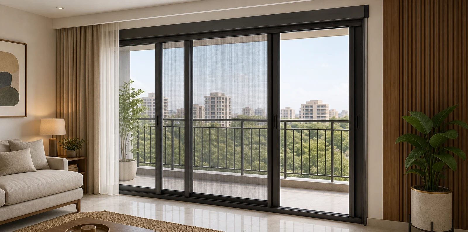 Retractable roller mosquito net for balcony door in Gujarat home