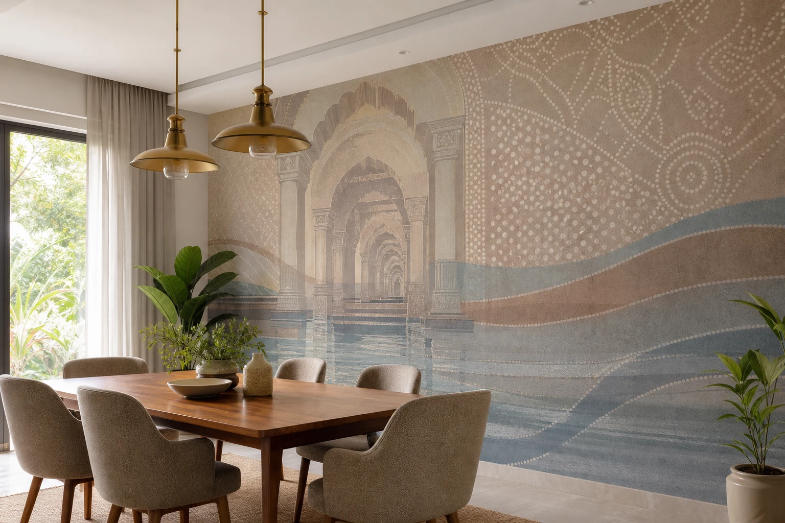 Custom Gujarat heritage wallpaper for dining room interiors