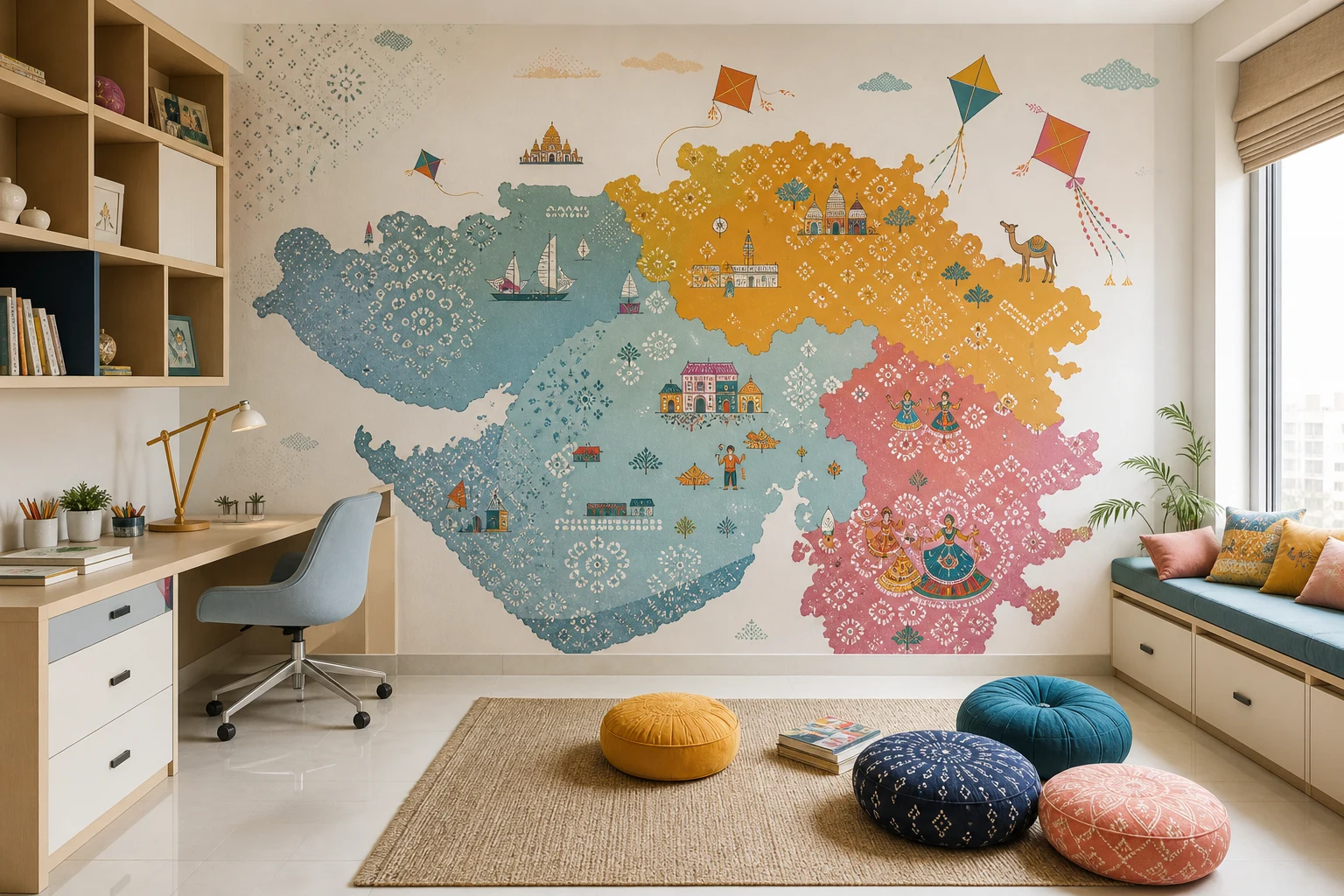 Custom playful Gujarat themed wallpaper for kids room interiors