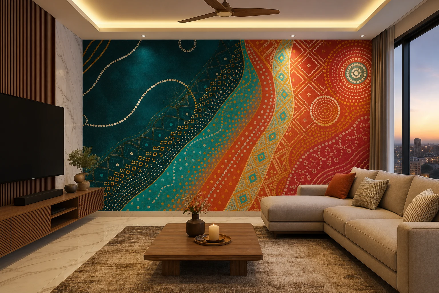 Vibrant digital wallpaper with Gujarati textile inspired patterns for living rooms